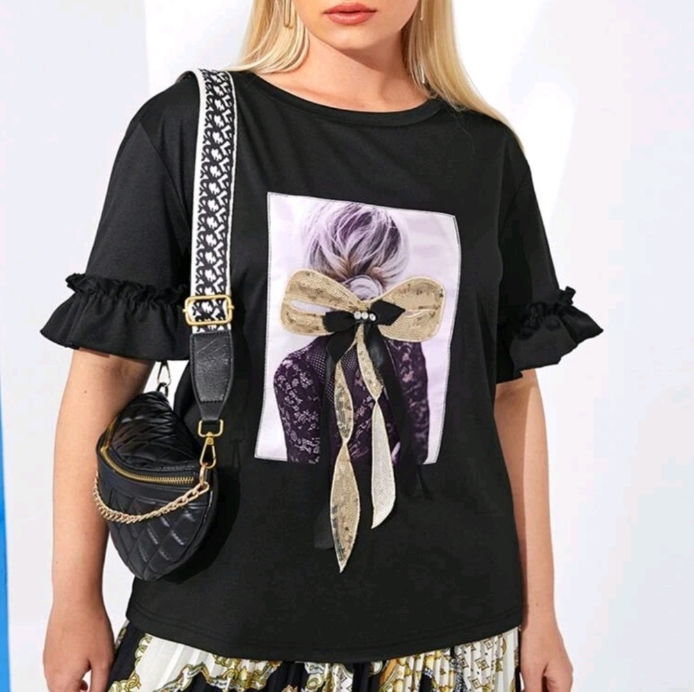 Plus Figure Graphic Bow Front Flounce Sleeve Tee